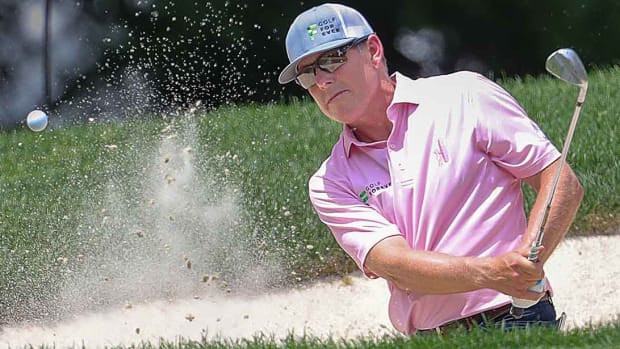 Justin Leonard watches a bunker shot at the 2022 Senior Players Championship in Akron, Ohio.